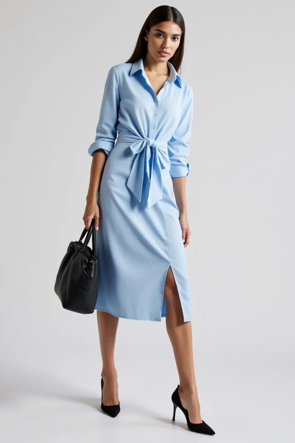 Blue Long Sleeve Midi Work Dress With Slit sold by Zapaka