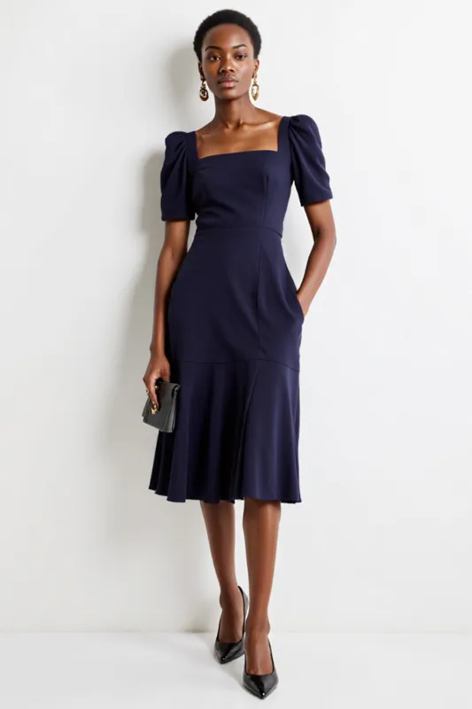 Navy Square Neck Midi Work Dress with Short Sleeves sold by Zapaka