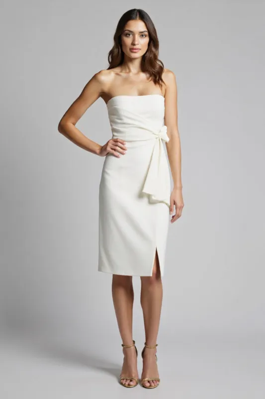 Strapless White Bodycon Knee Length Work Dress with Slit sold by Zapaka