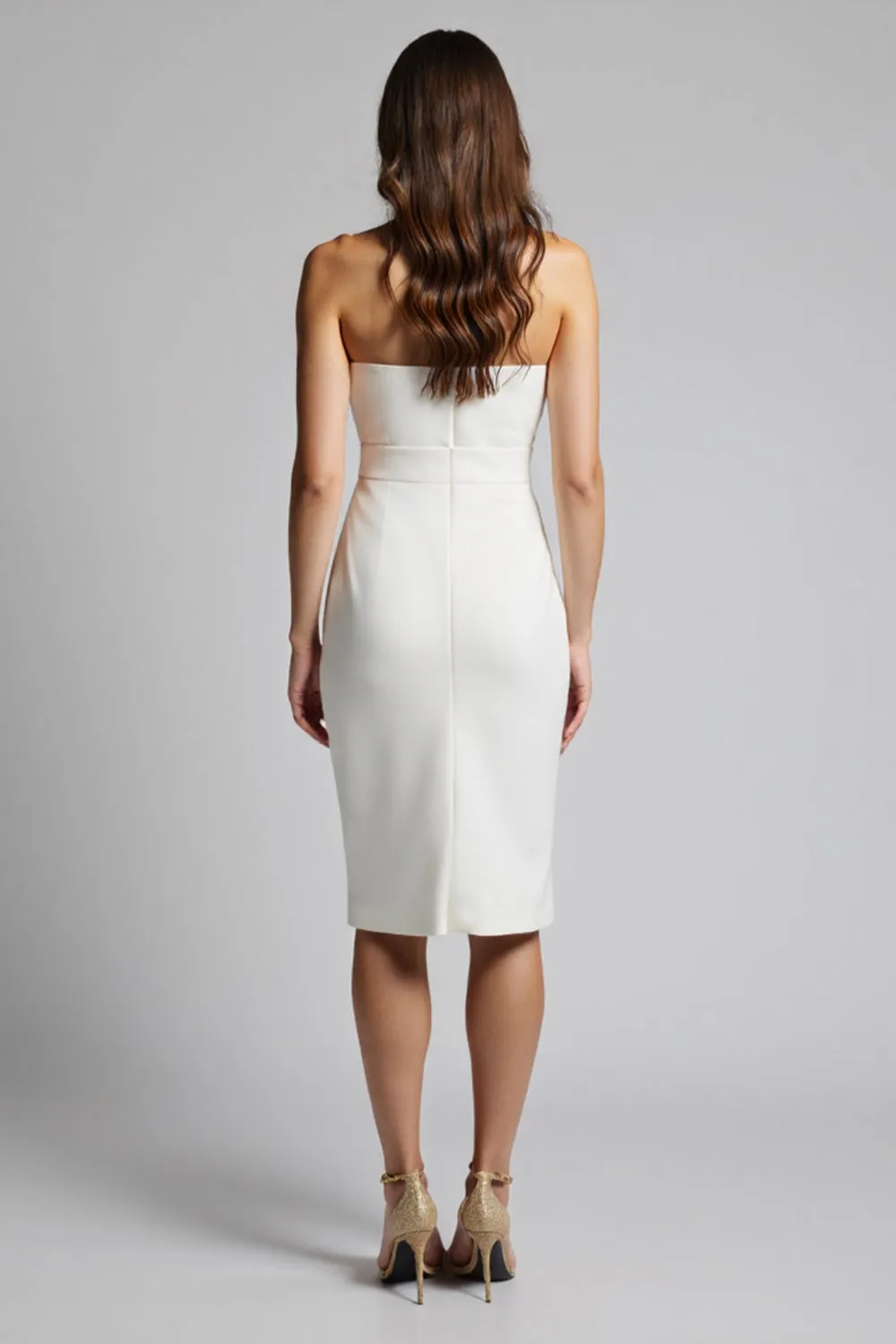 Strapless White Bodycon Knee Length Work Dress with Slit sold by Zapaka product image thumbnail 2