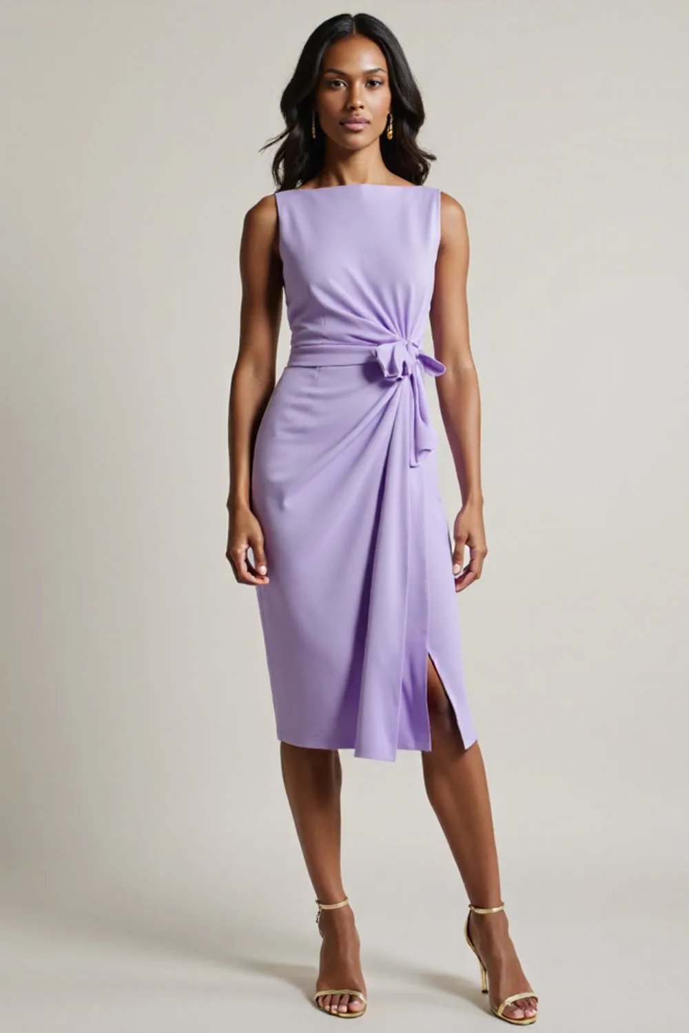 Purple Ruched Midi Work Dress with Slit sold by Zapaka