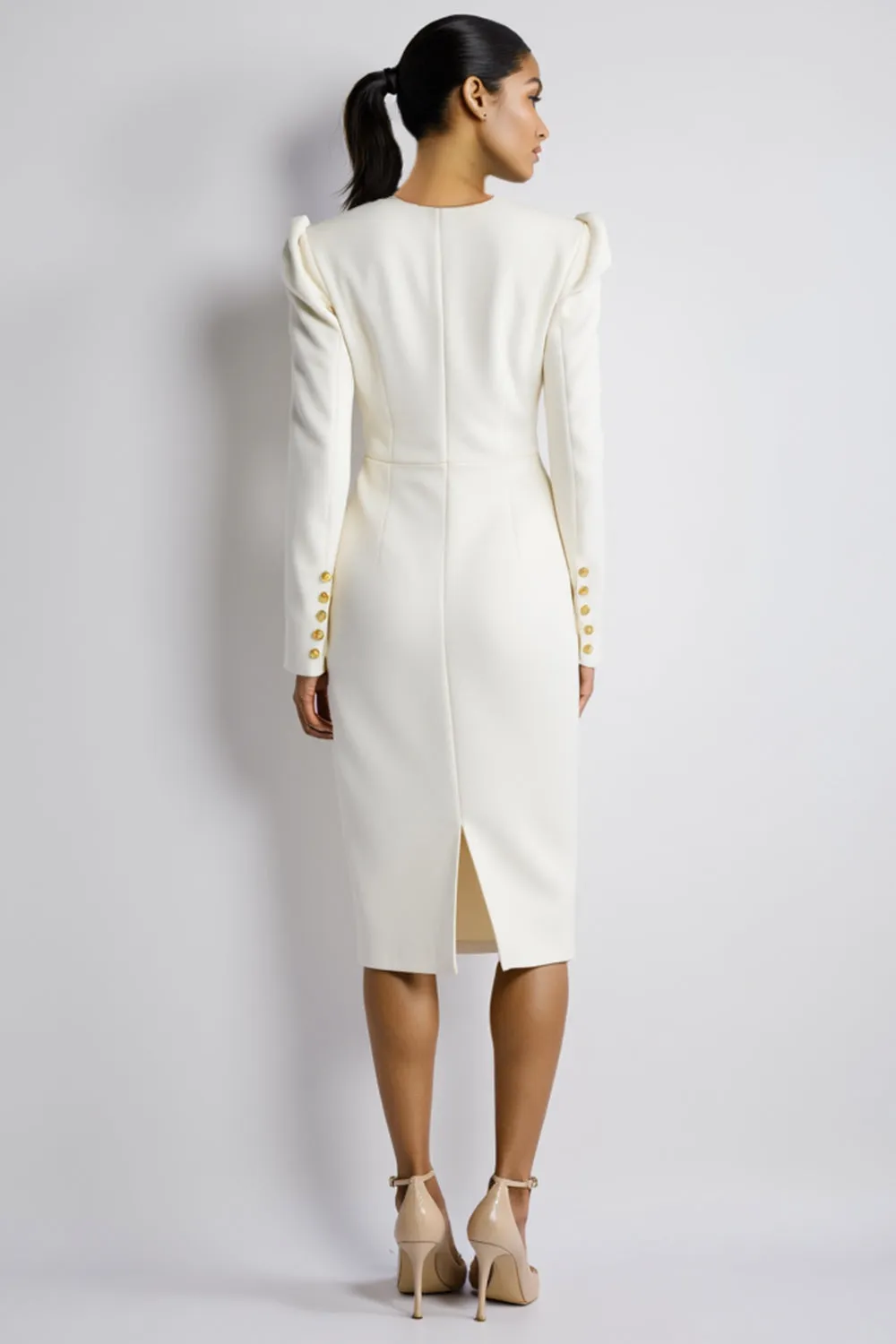 Long Sleeve Bodycon Knee Length White Work Dress With Slit sold by Zapaka product image thumbnail 2
