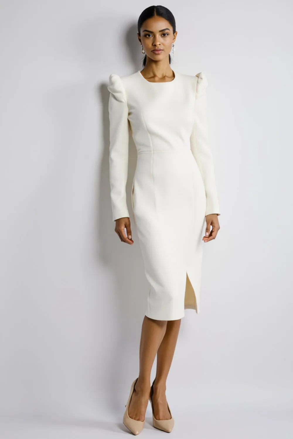 Long Sleeve Bodycon Knee Length White Work Dress With Slit sold by Zapaka