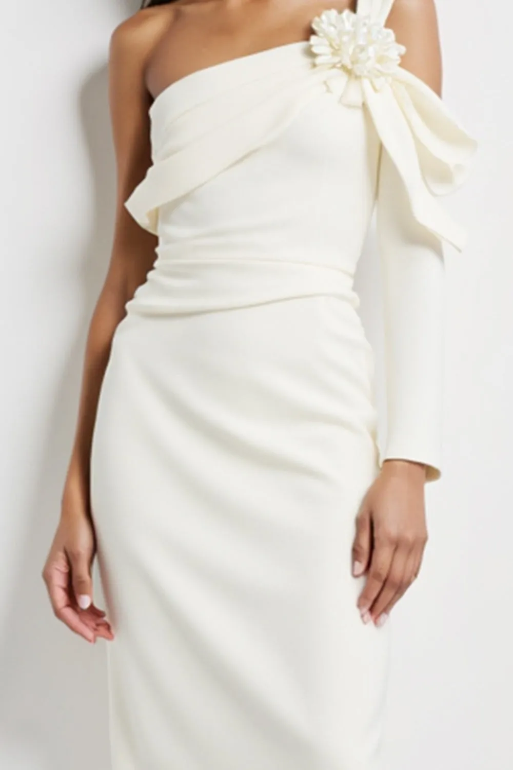 One Shoulder White Bodycon Work Dress With 3D Flower sold by Zapaka product image thumbnail 2
