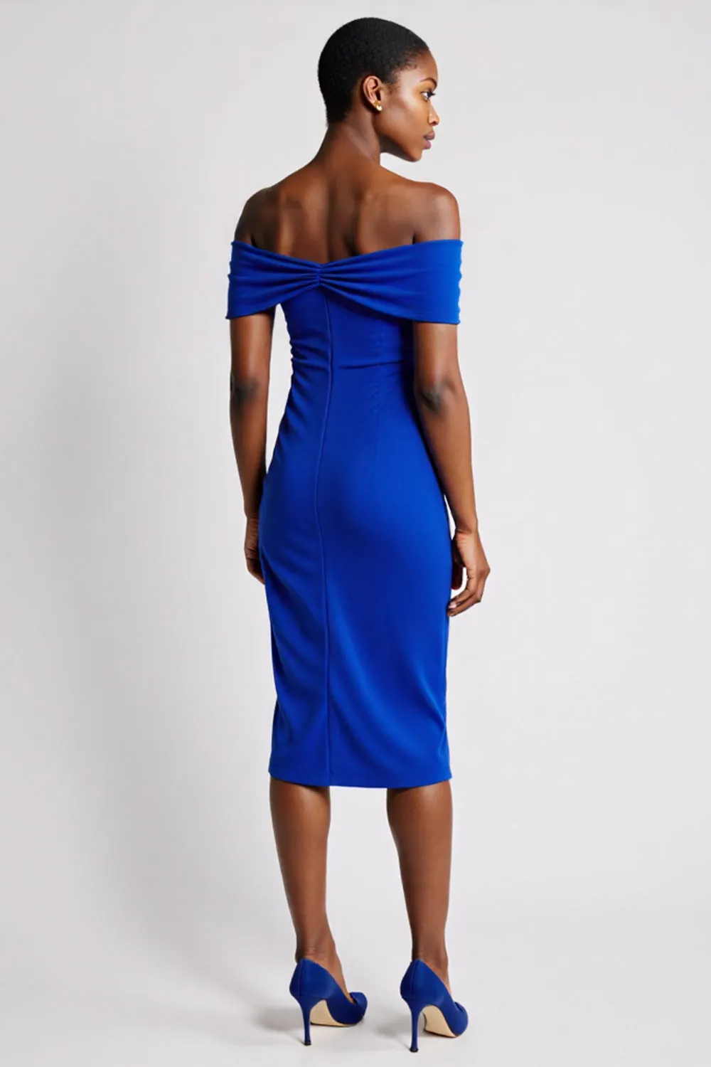 Off The Shoulder Royal Blue Ruched Sheath Midi Work Dress sold by Zapaka product image thumbnail 2