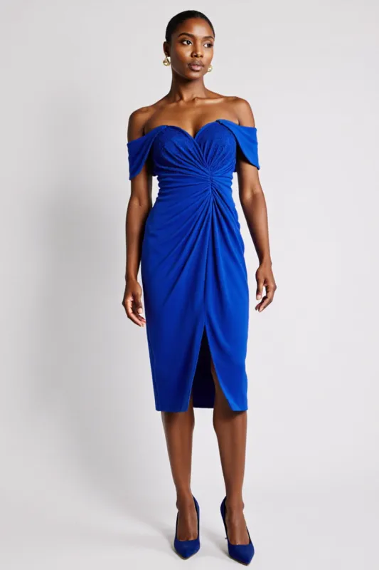 Off The Shoulder Royal Blue Ruched Sheath Midi Work Dress sold by Zapaka