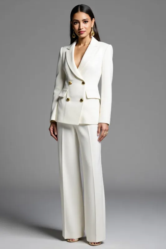 White 2 Piece Notched Lapel Double Breasted Pant Suit sold by Zapaka