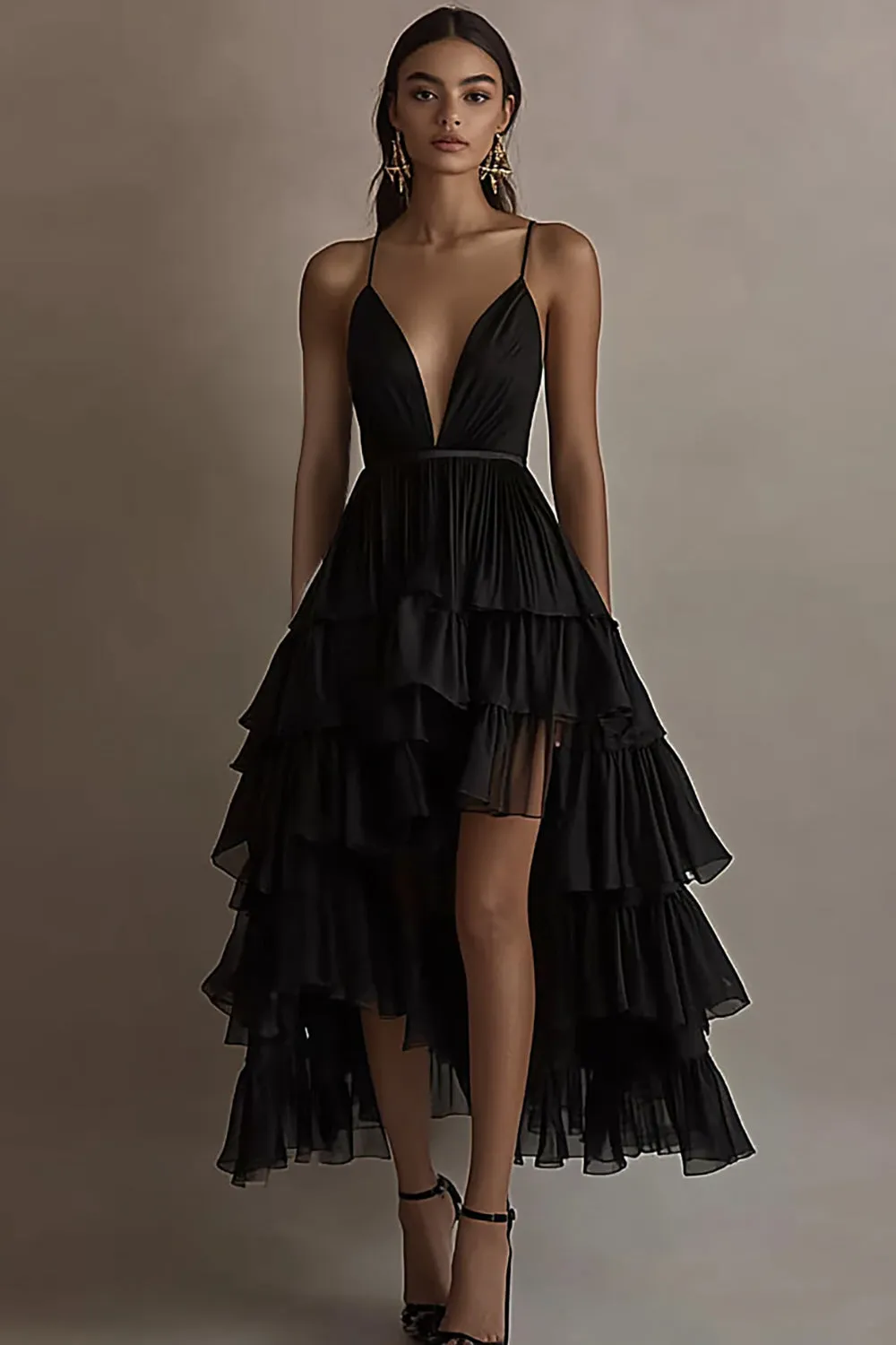 A Line V Neck Ruffled Black Tie Dress sold by Zapaka