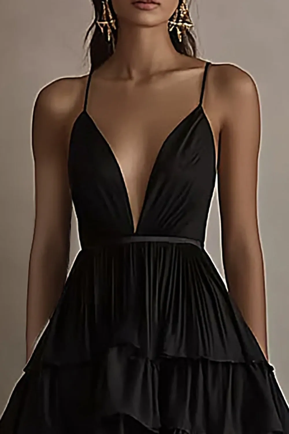A Line V Neck Ruffled Black Tie Dress sold by Zapaka product image thumbnail 2