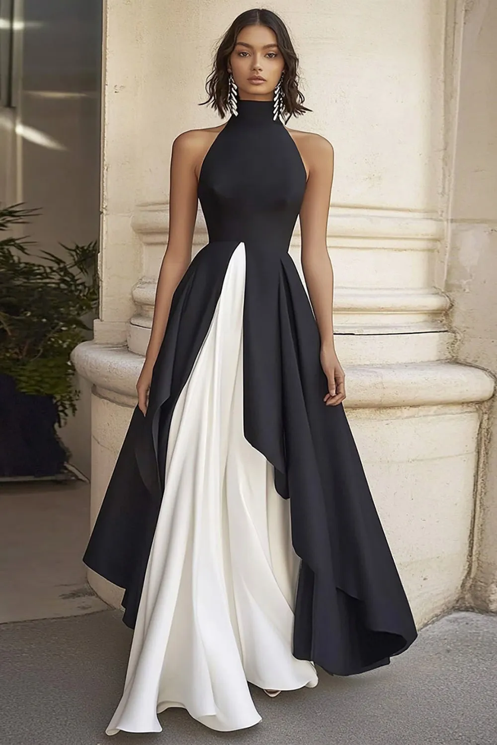 Halter A Line Ruffled Long Black Tie Dress sold by Zapaka