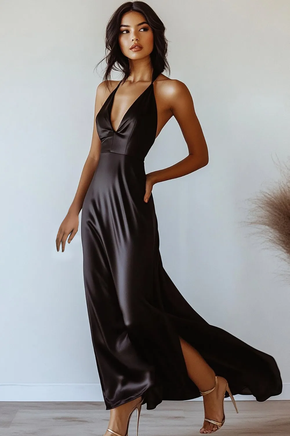 Satin A Line Halter Black Tie Dress with Slit sold by Zapaka