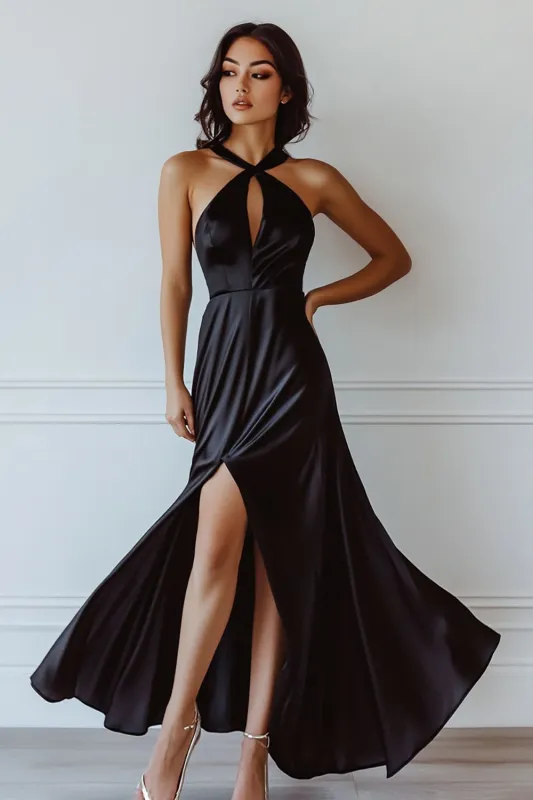 Satin Halter Black Tie Dress with Slit sold by Zapaka