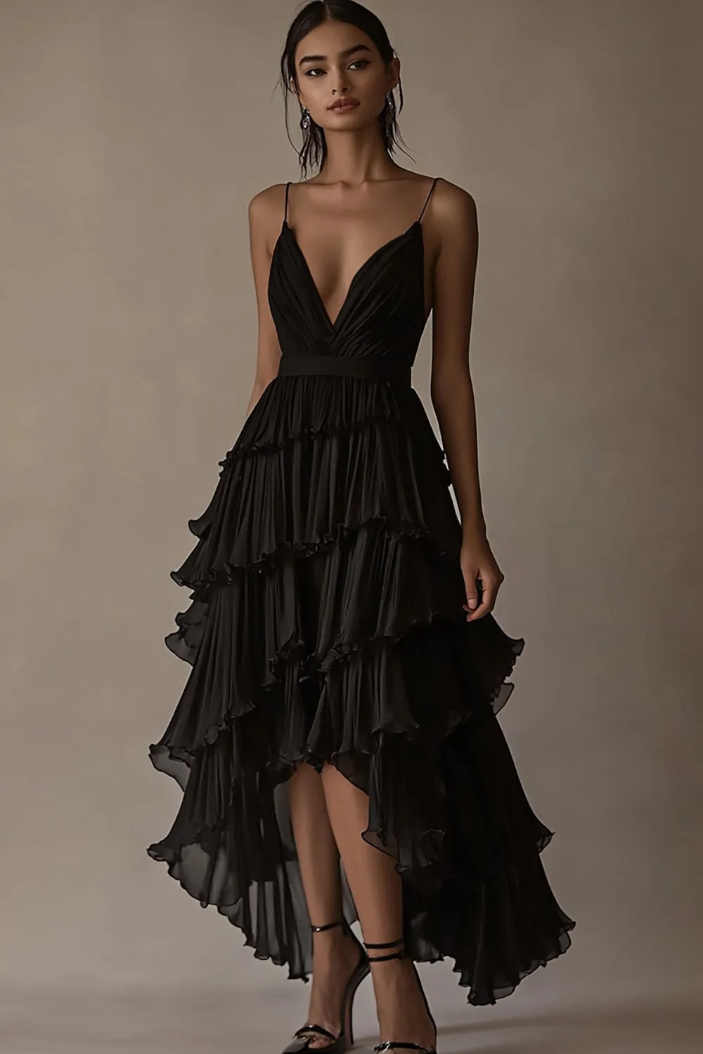 A Line V Neck Black Tie Dress with Ruffles sold by Zapaka
