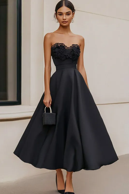 Satin Black Strapless A Line Long Formal Dress sold by Zapaka
