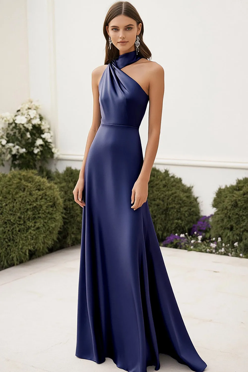 Navy Satin Halter A Line Long Formal Dress sold by Zapaka