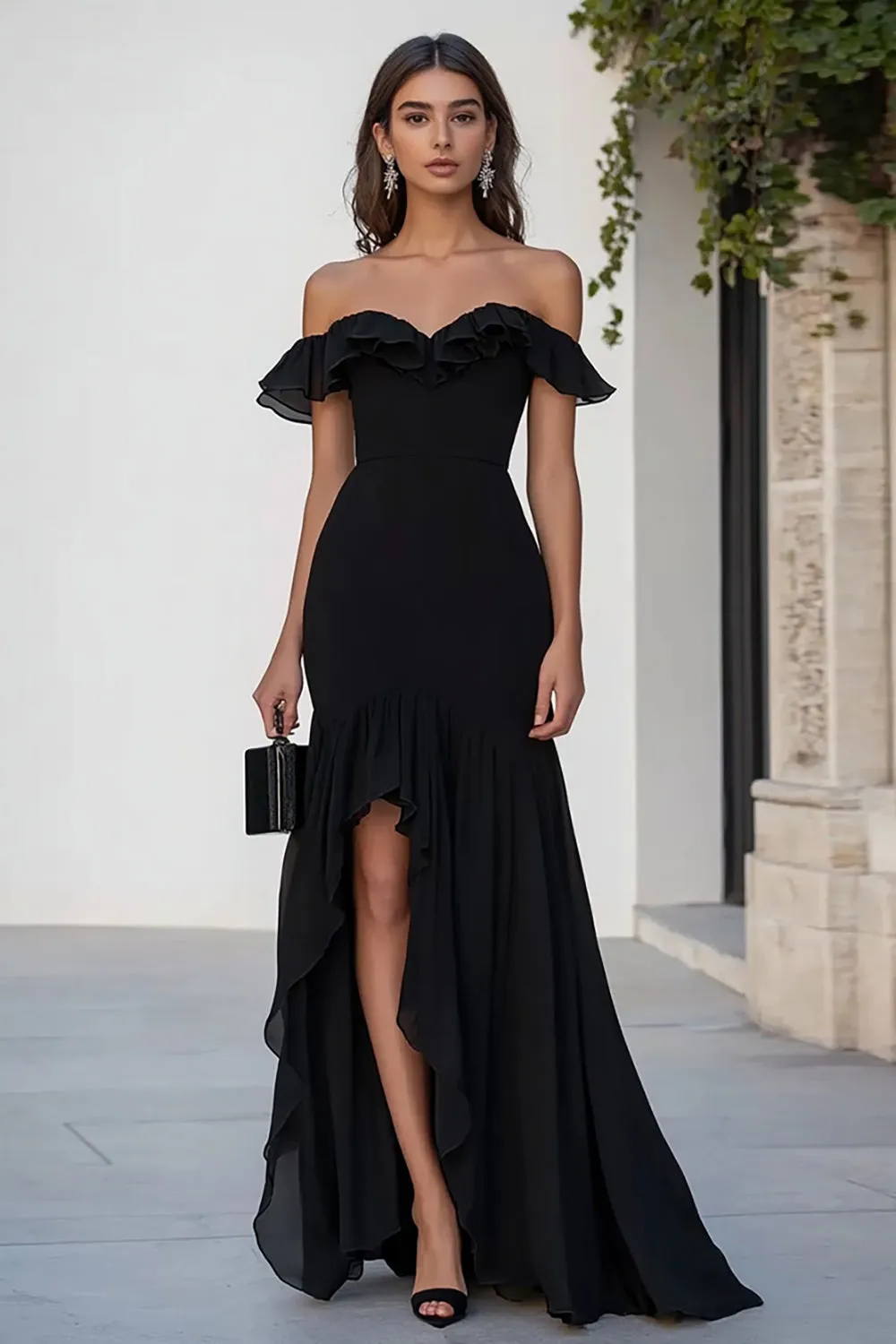 Black Off the Shoulder Formal Dress with Slit sold by Zapaka