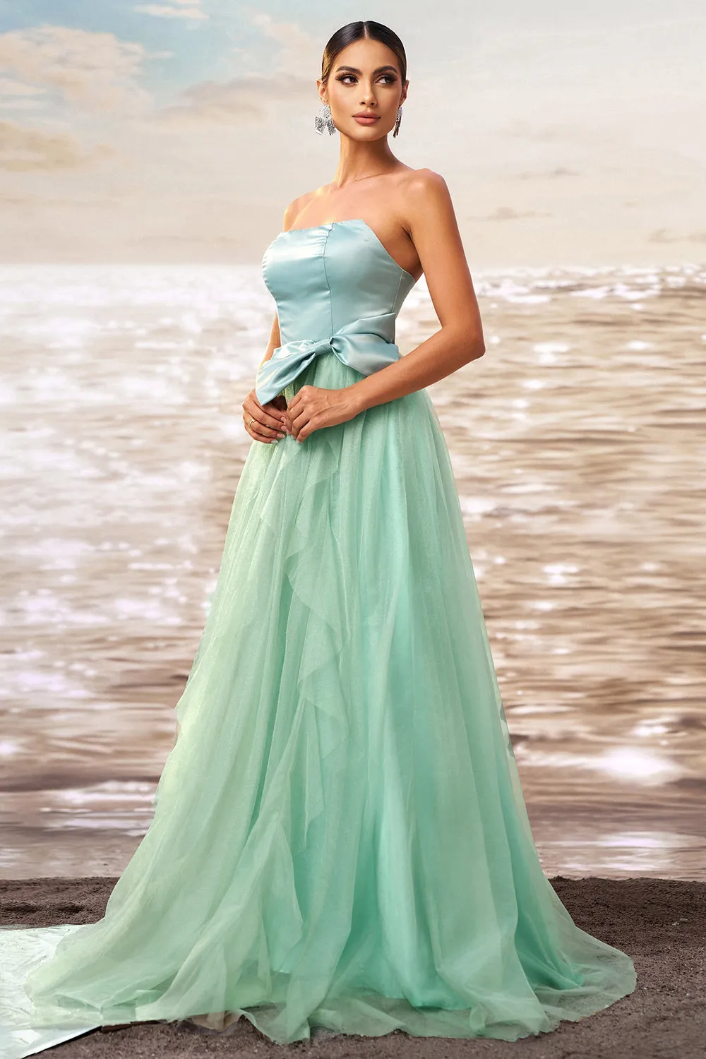 Strapless A Line Green Tulle Prom Dress with Bow sold by Zapaka product image thumbnail 3