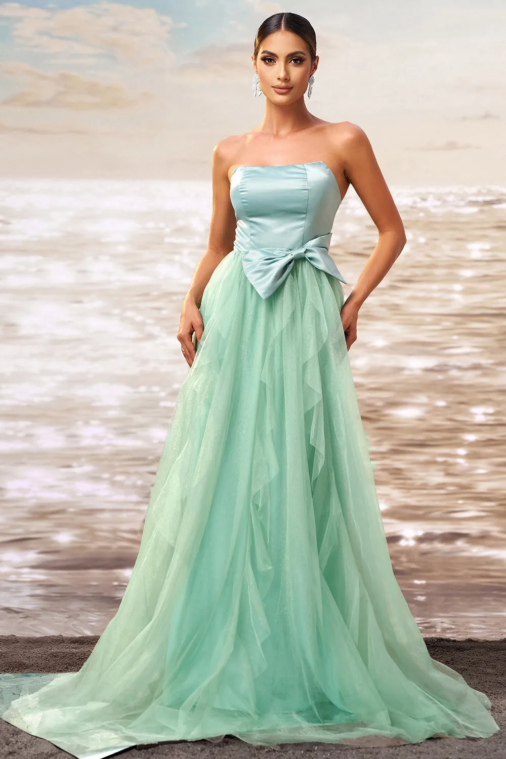 Strapless A Line Green Tulle Prom Dress with Bow sold by Zapaka product image thumbnail 4