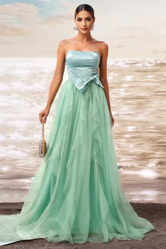 Strapless A Line Green Tulle Prom Dress with Bow sold by Zapaka