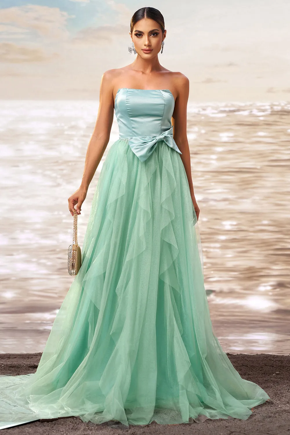 Strapless A Line Green Tulle Prom Dress with Bow sold by Zapaka