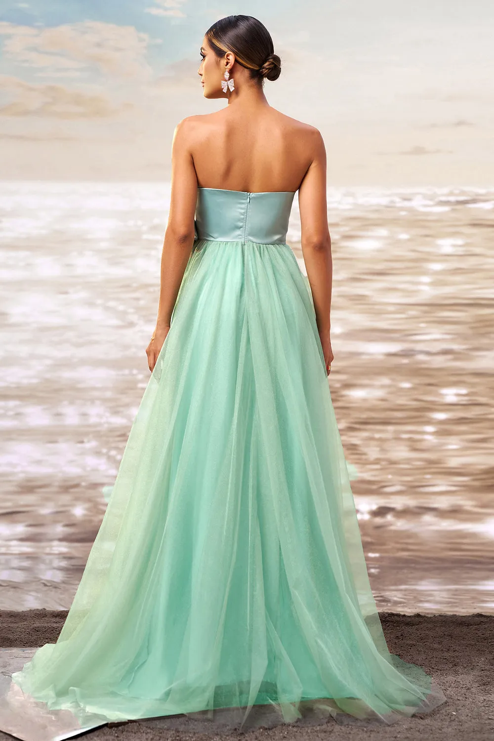 Strapless A Line Green Tulle Prom Dress with Bow sold by Zapaka product image thumbnail 2