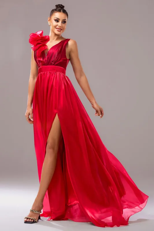 Red V-Neck A-Line Prom Dress with 3D Flower sold by Zapaka