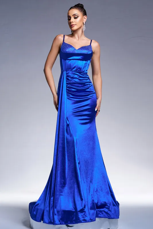 Royal Blue Mermaid Satin Prom Dress with Streamer sold by Zapaka