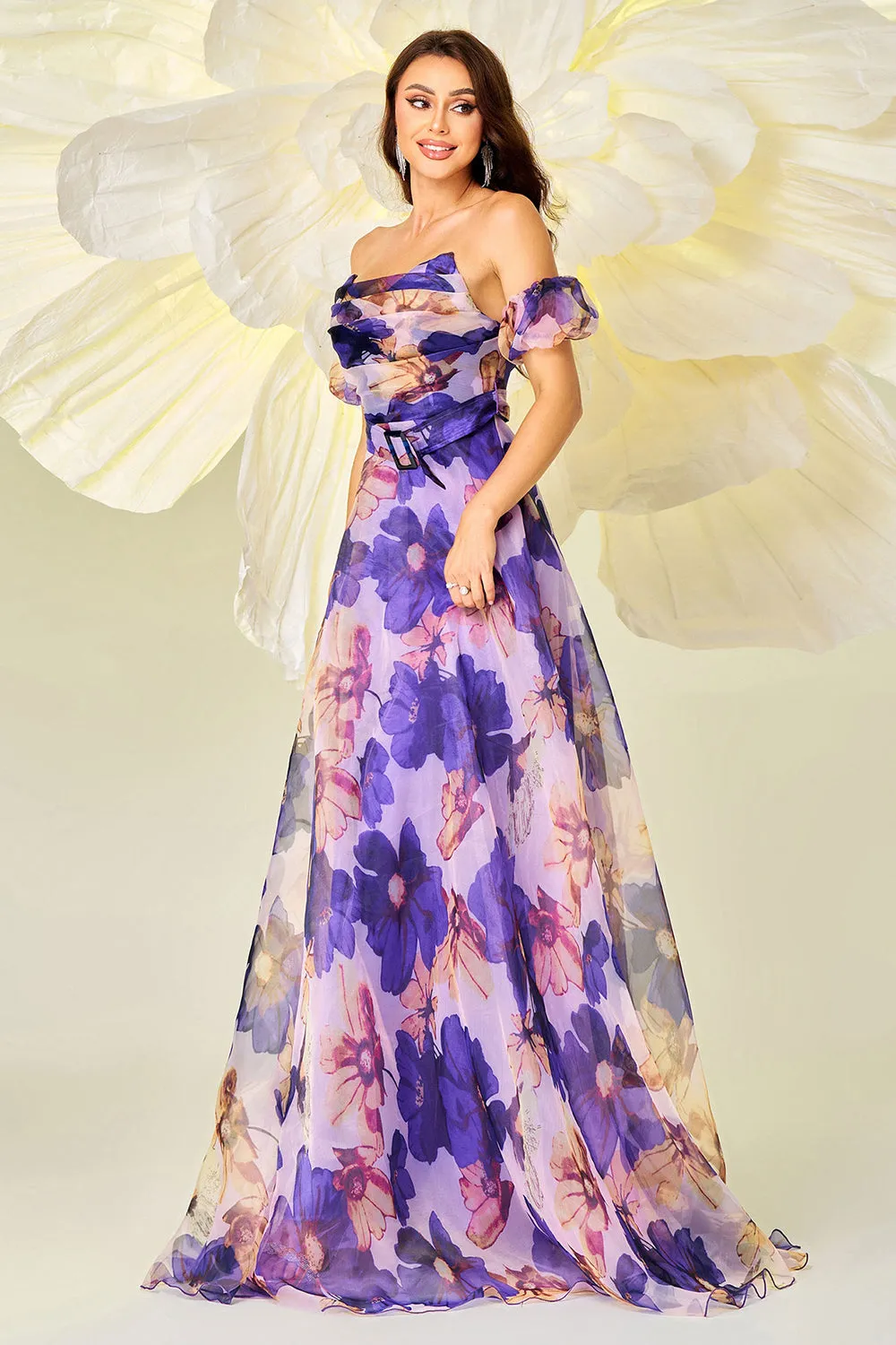 Purple Floral A Line Prom Dress with Detachable Sleeves sold by Zapaka product image thumbnail 3