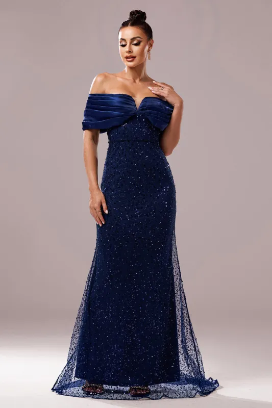 Sparkly Off The Shoulder Navy Mermaid Prom Dress sold by Zapaka