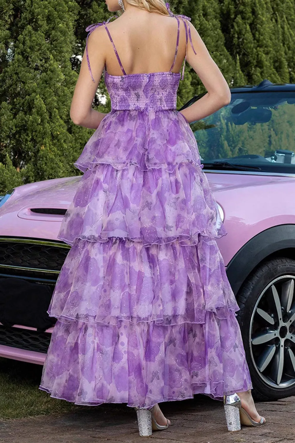 Purple Floral A Line Tiered Cut Out High-Low Prom Dress sold by Zapaka product image thumbnail 2