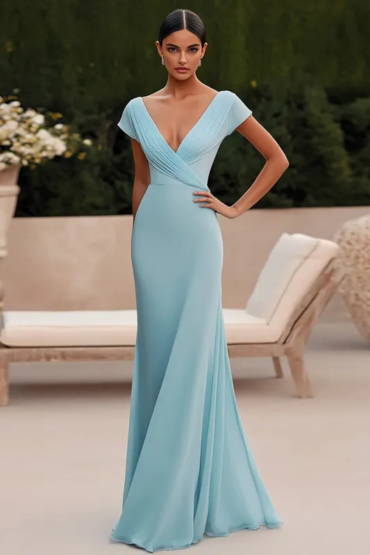 Sky Blue Mermaid V-Neck Long Formal Dress with Pleats sold by Zapaka