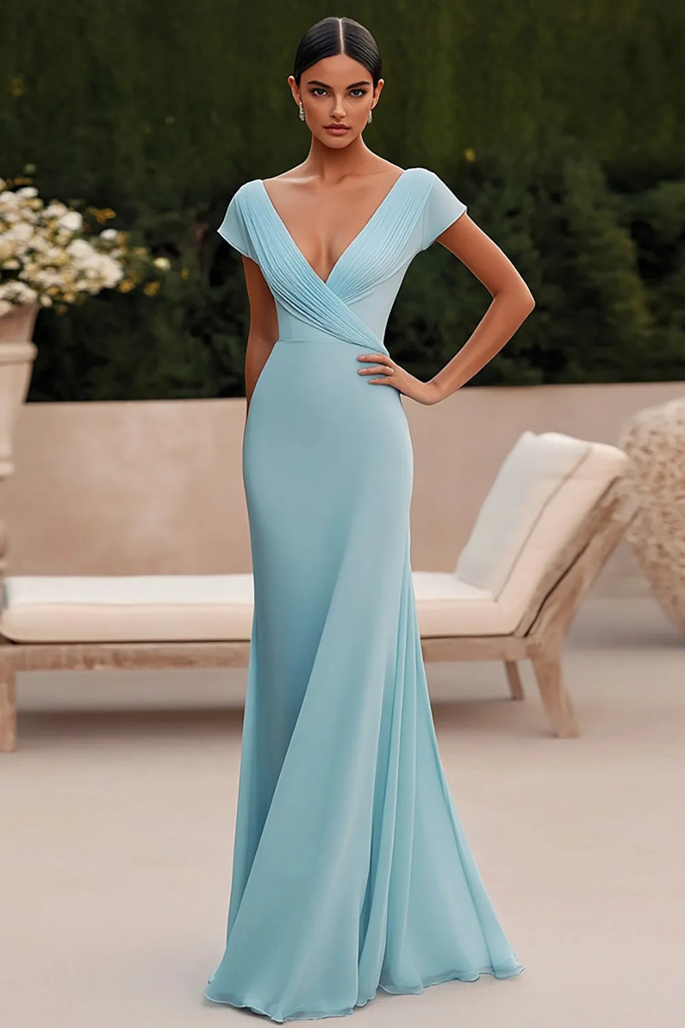 Sky Blue Mermaid V-Neck Long Formal Dress with Pleats sold by Zapaka