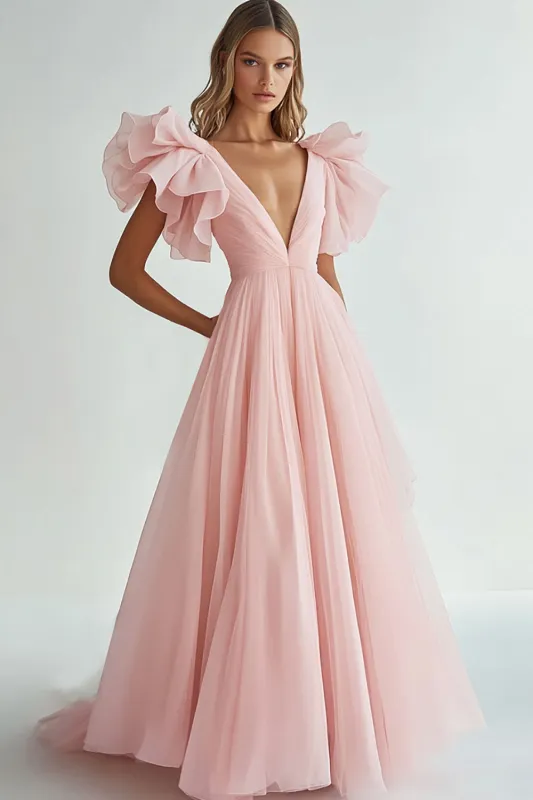 Pink A Line V-Neck Long Formal Dressw with Ruffles sold by Zapaka