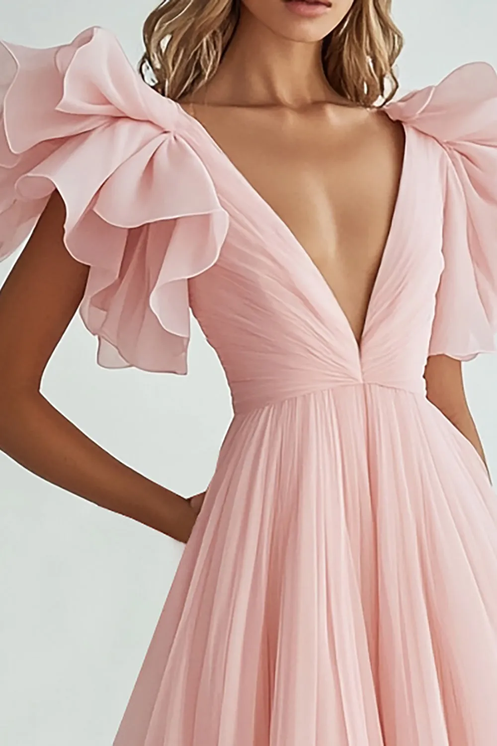 Pink A Line V-Neck Long Formal Dressw with Ruffles sold by Zapaka product image thumbnail 2