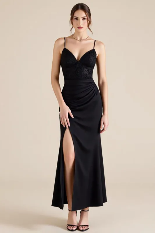 Black Mermaid Ruched Long Formal Dress with Lace sold by Zapaka
