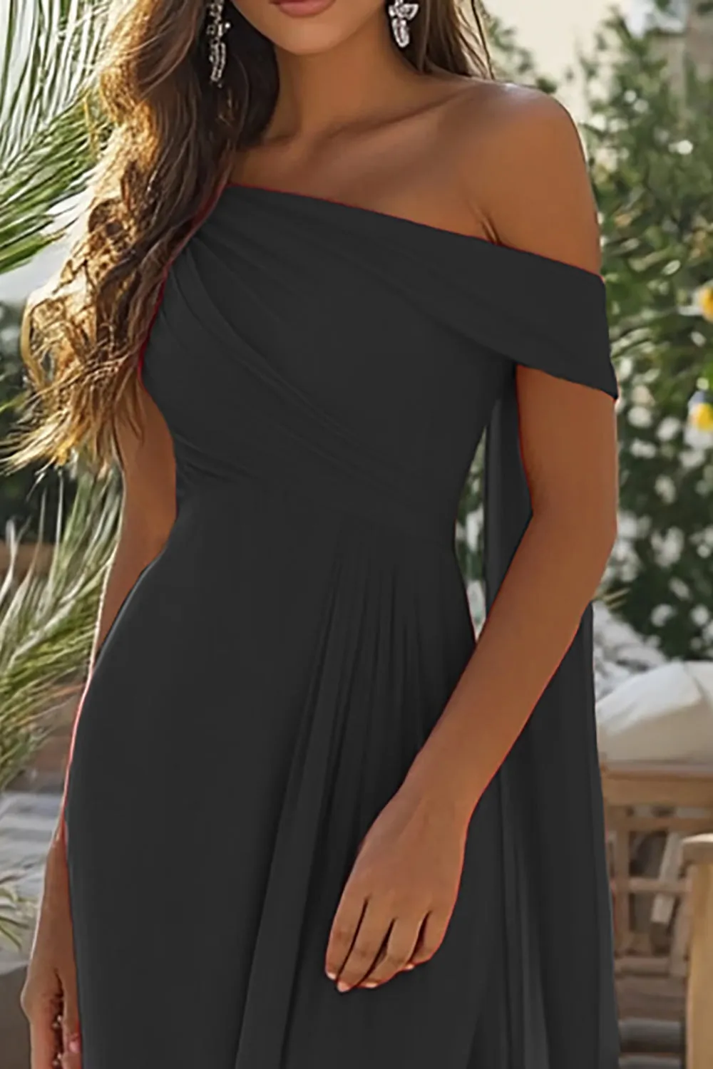 Black One Shoulder Long Formal Dress with Side Cape sold by Zapaka product image thumbnail 2
