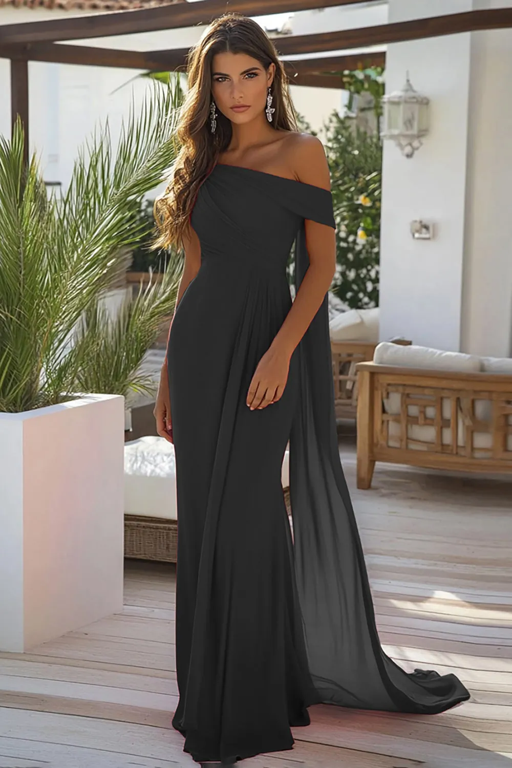 Black One Shoulder Long Formal Dress with Side Cape sold by Zapaka