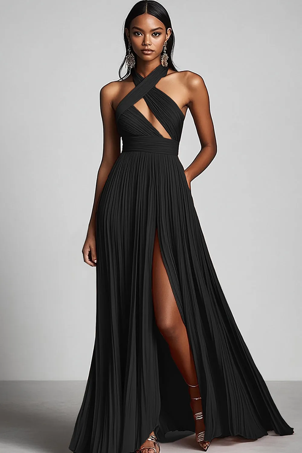 Black A Line Pleated Long Fomal Dress with Slit sold by Zapaka