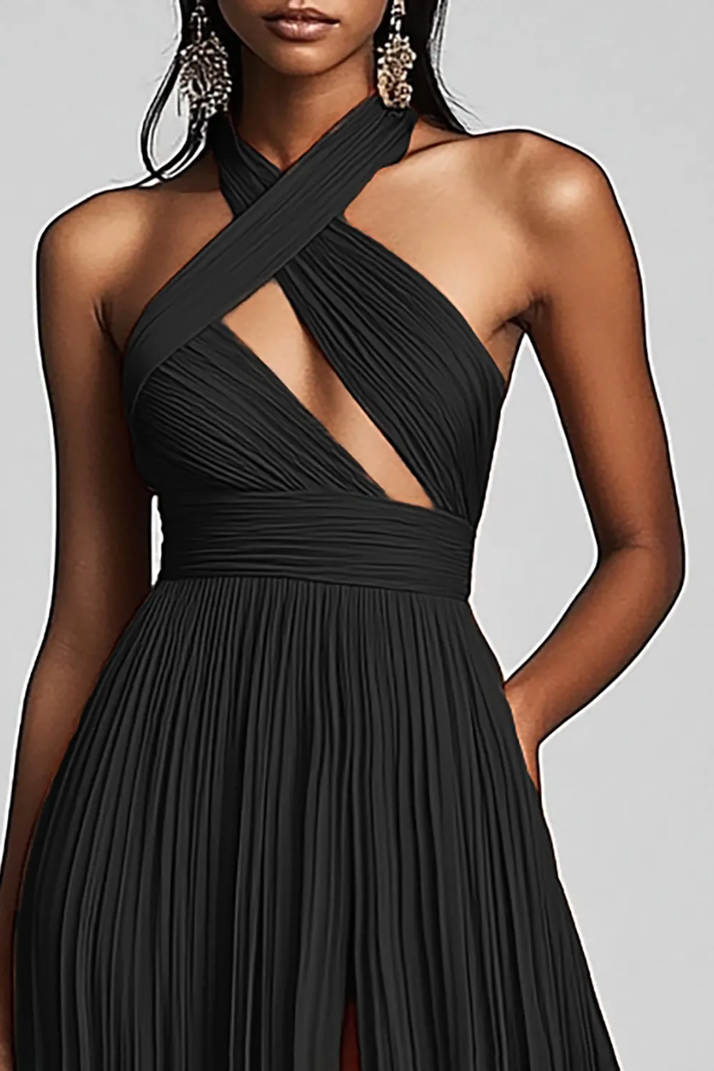 Black A Line Pleated Long Fomal Dress with Slit sold by Zapaka product image thumbnail 2