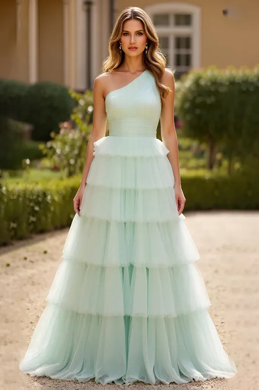 Mint Green A Line One Shoulder Tulle Long Prom Dress with Ruffles sold by Zapaka