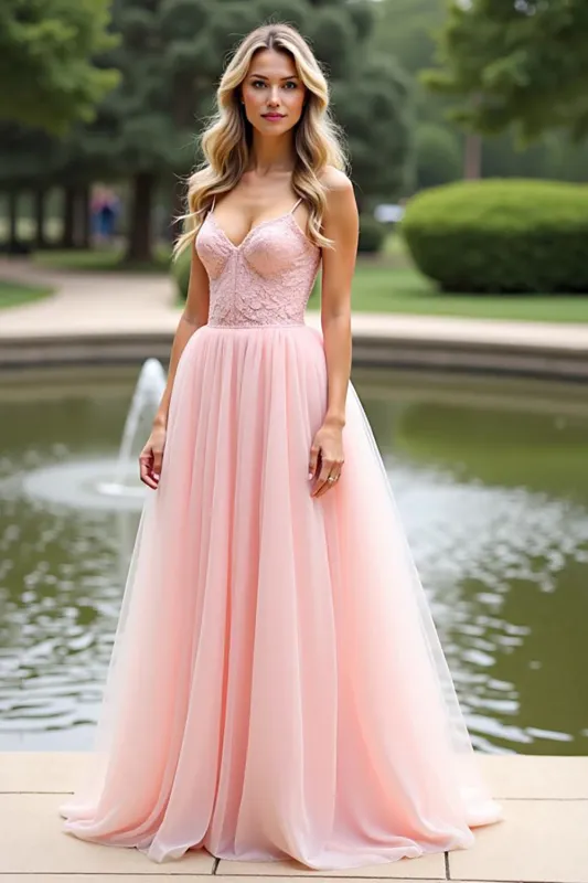 Pink A Line Spaghetti Straps Long Prom Dress sold by Zapaka