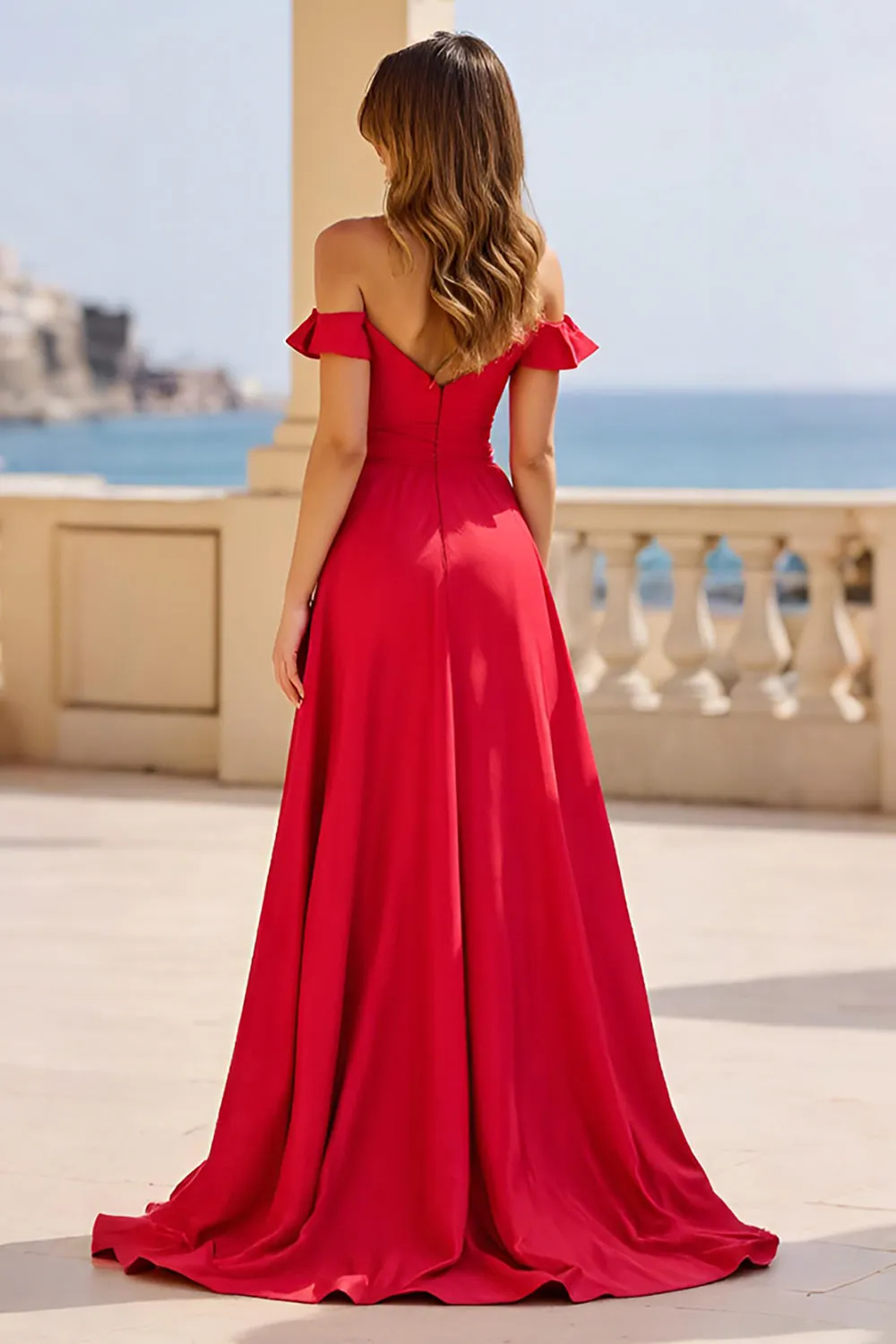 Red A Line Off the Shoulder Long Prom Dress with Slit sold by Zapaka product image thumbnail 2