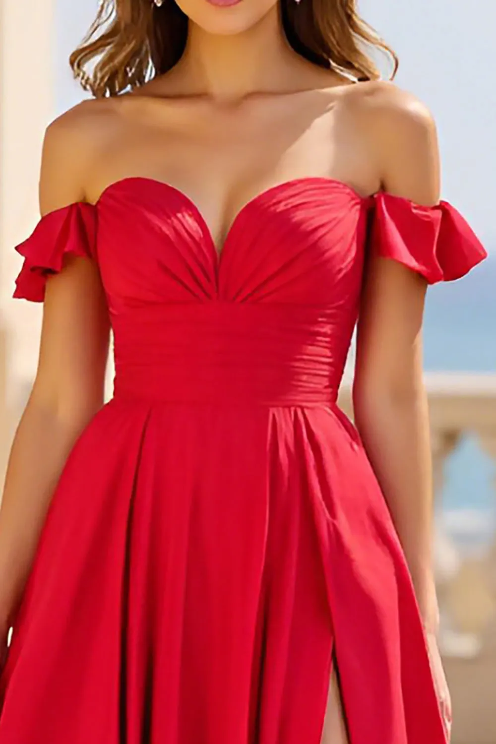 Red A Line Off the Shoulder Long Prom Dress with Slit sold by Zapaka product image thumbnail 3
