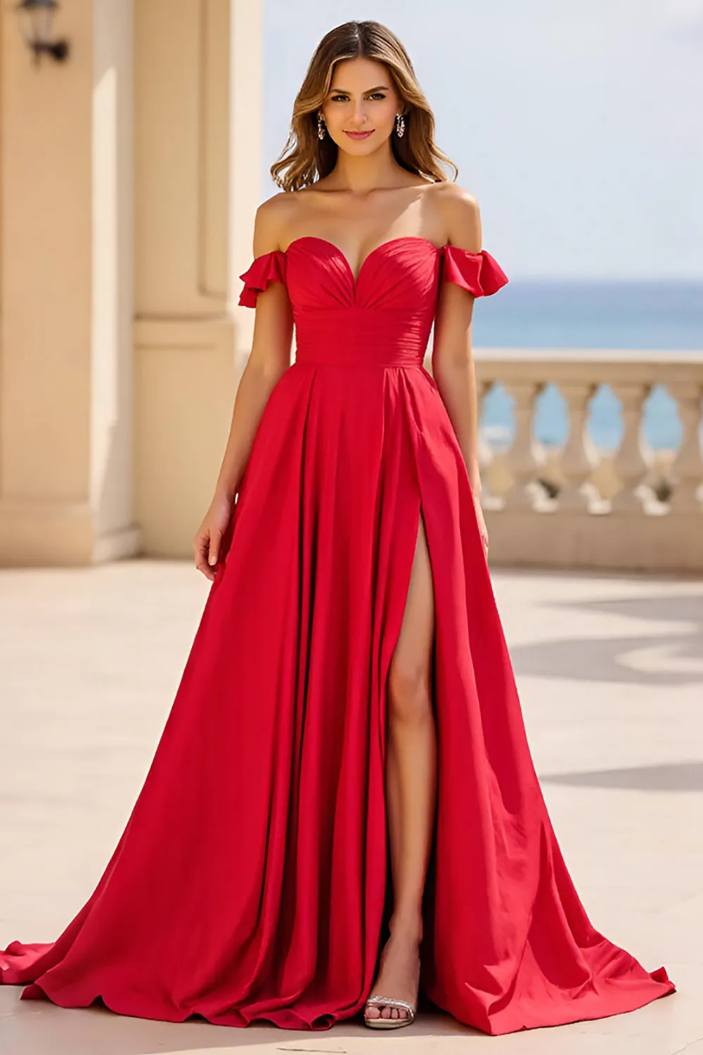 Red A Line Off the Shoulder Long Prom Dress with Slit sold by Zapaka