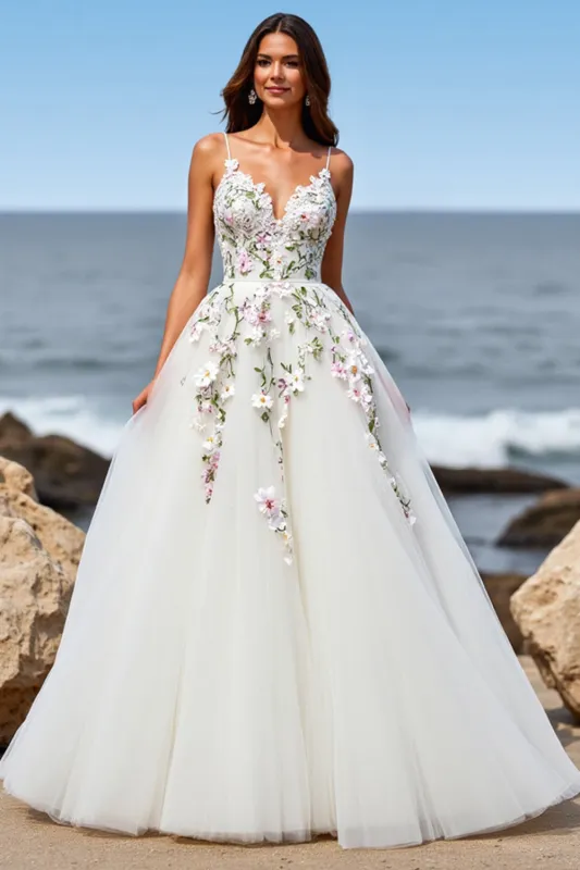 White Tulle A Line Maxi Boho Sweep Train Wedding Dress with Appliques sold by Zapaka