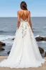 White Tulle A Line Maxi Boho Sweep Train Wedding Dress with Appliques sold by Zapaka