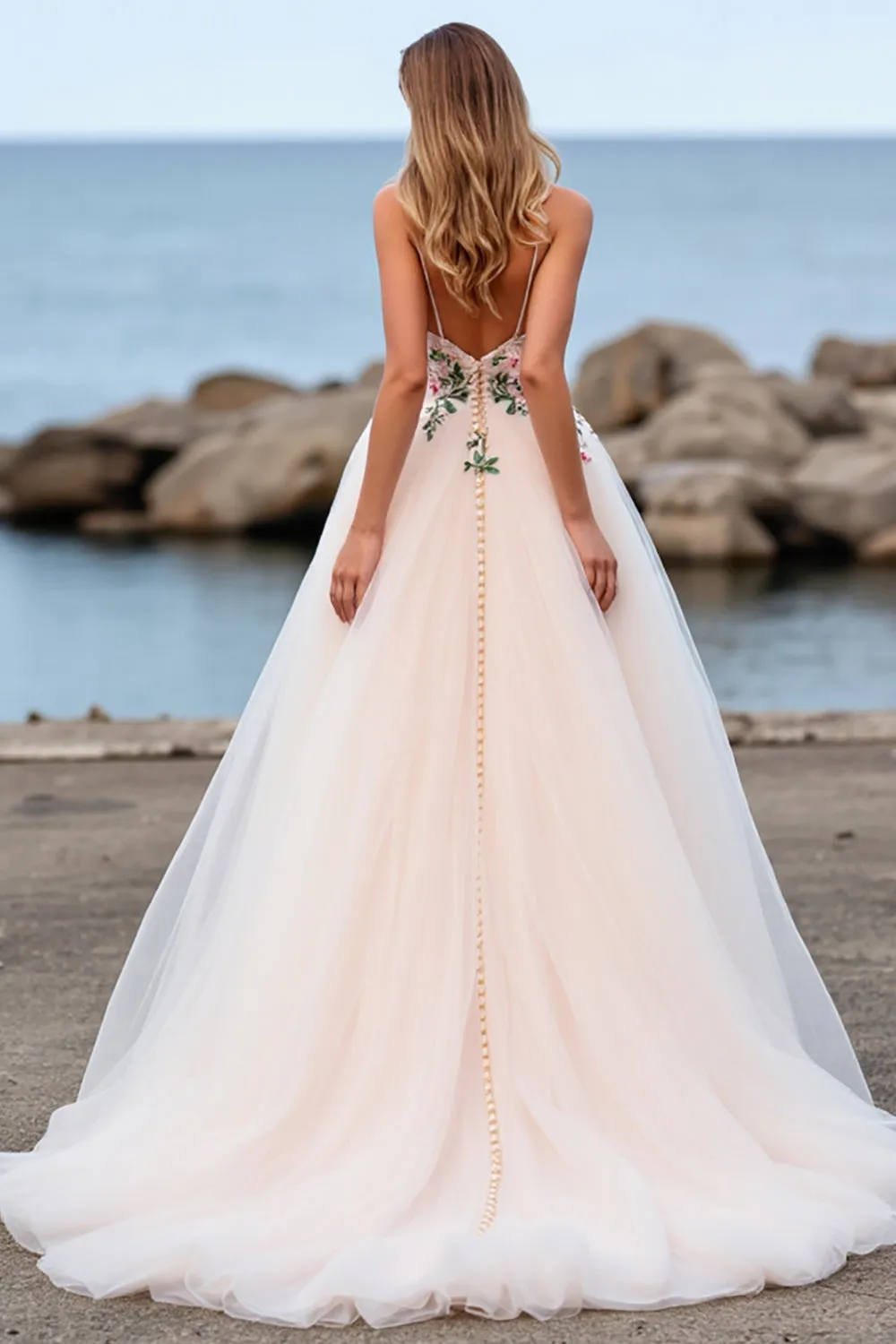 Blush A Line Tulle Boho Sweep Train Wedding Dress with Appliques sold by Zapaka product image thumbnail 2
