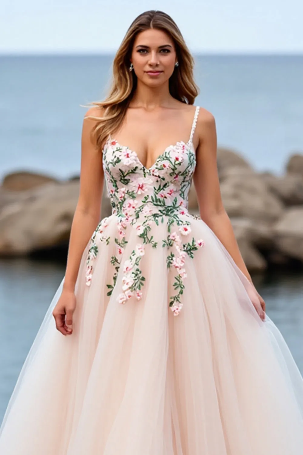 Blush A Line Tulle Boho Sweep Train Wedding Dress with Appliques sold by Zapaka product image thumbnail 3