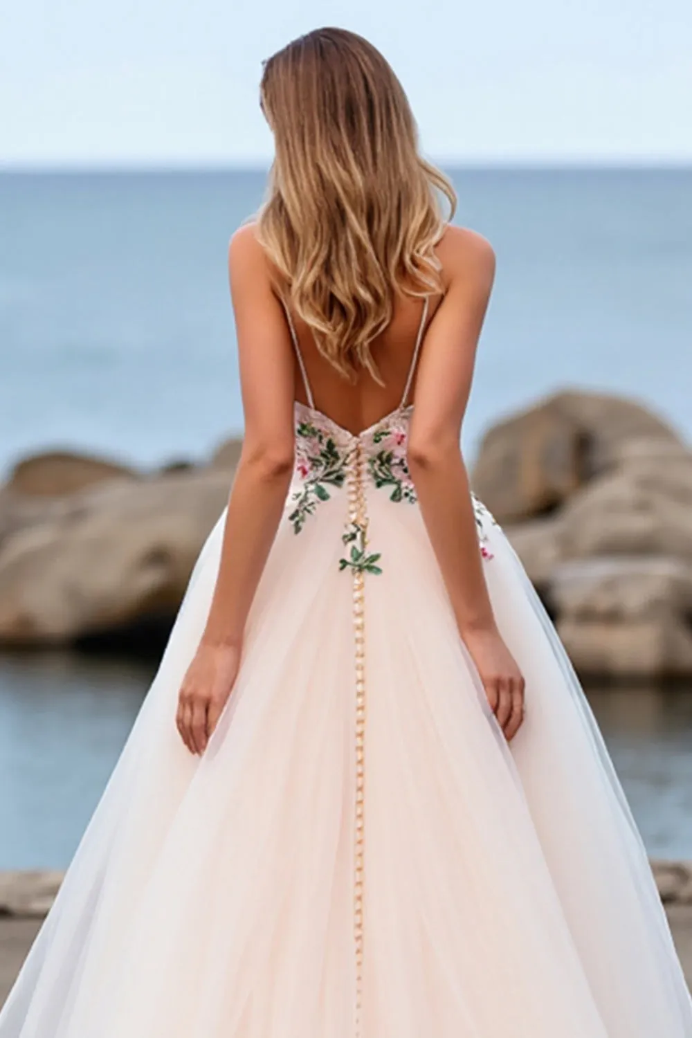 Blush A Line Tulle Boho Sweep Train Wedding Dress with Appliques sold by Zapaka product image thumbnail 4