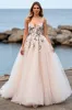 Blush A Line Tulle Boho Sweep Train Wedding Dress with Appliques sold by Zapaka